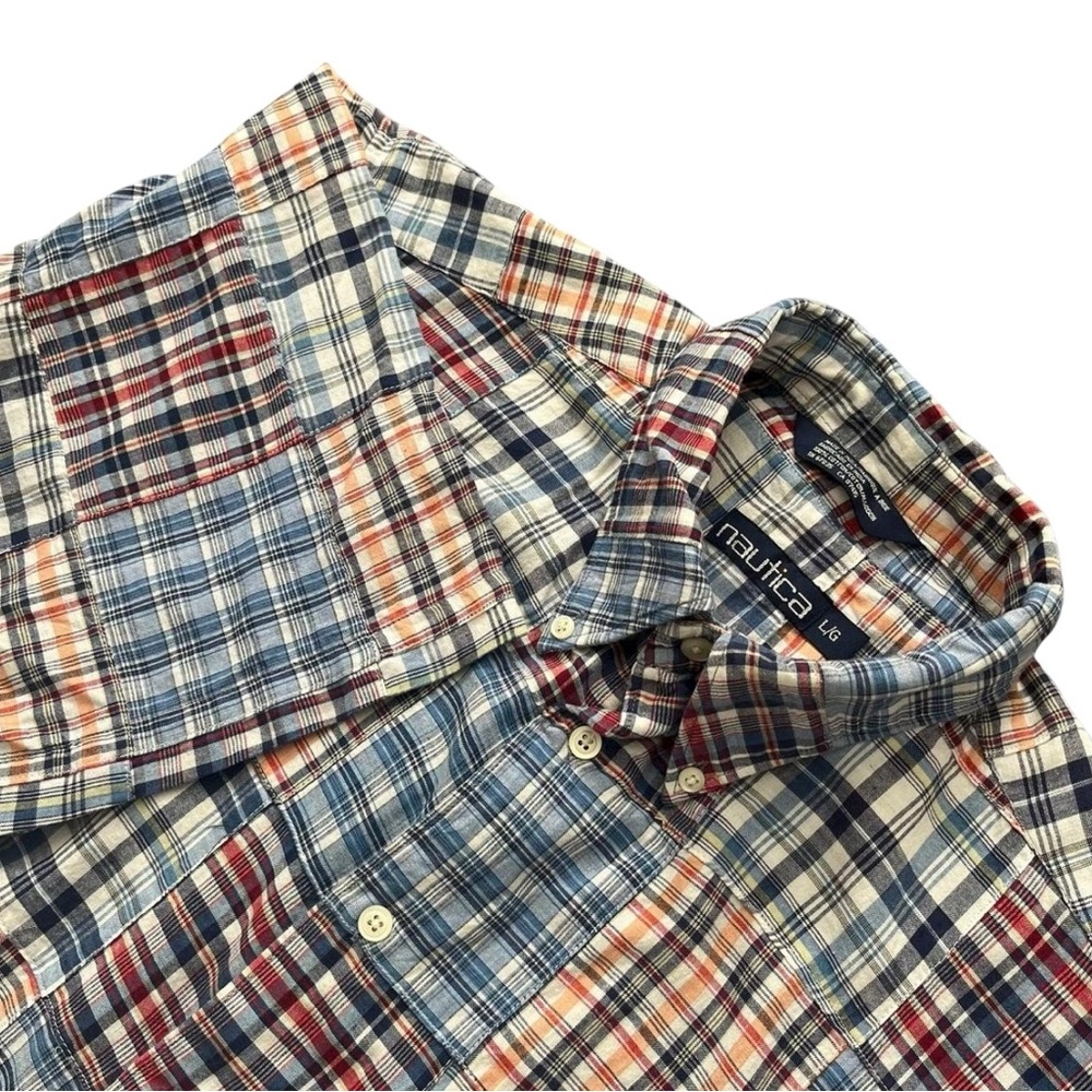 Nautica Patchwork Madras Plaid Button Down Shirt Cotton Short Sleeve Men’s L